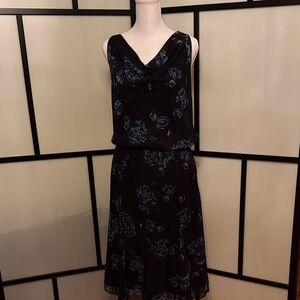 Ann Taylor Black Midi Skirt with Blue Floral Print